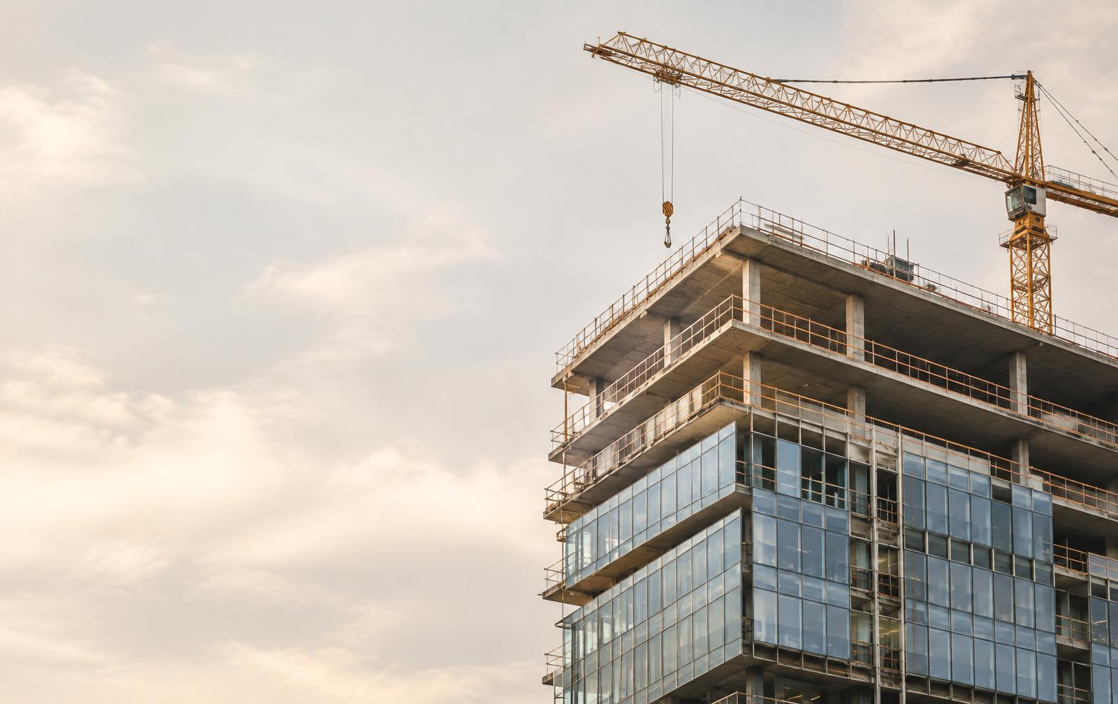 Building under construction with tower crane